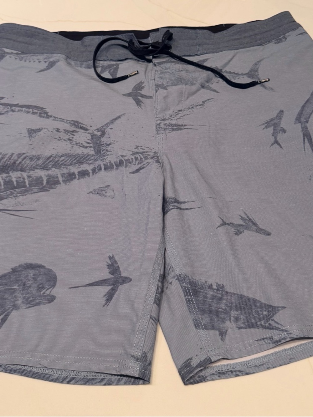 Men’s Pelagic Blue Grey Swim Board Shorts with Subtle Marine Print
